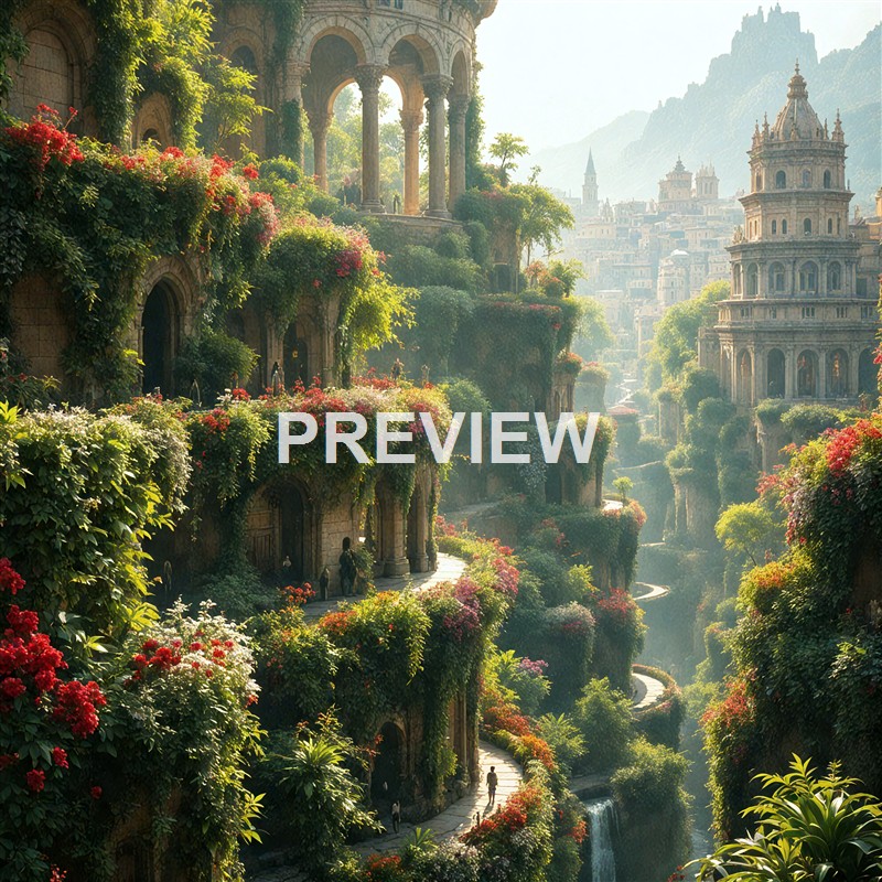 A lush, ancient city built into a steep hillside with stone buildings covered in vibrant greenery and flowering plants, featuring waterfalls and winding pathways amidst mountainous terrain.